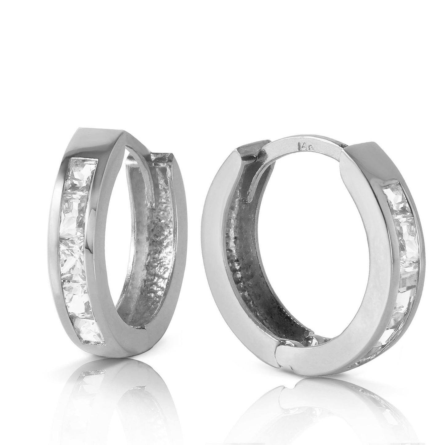 1.2 Carat 14K Solid Gold Hoop Huggie Earrings White Topaz