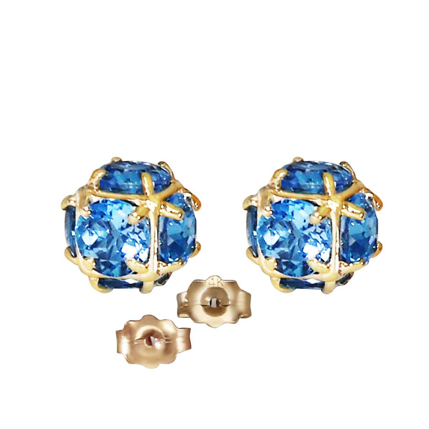 14k Solid Gold Radiant Orb Blue Topaz Earrings