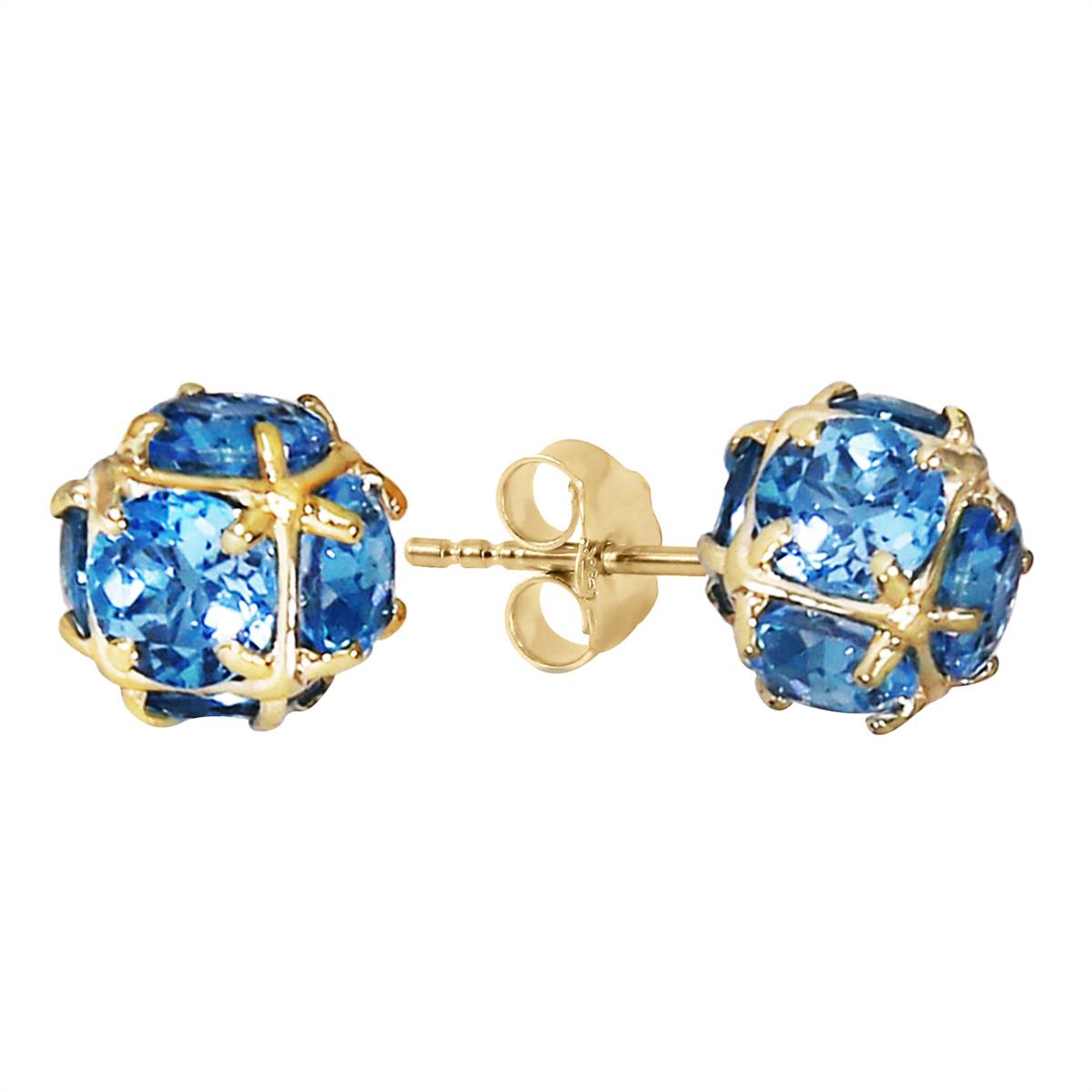 14K Solid Yellow Gold Stud Earrings w/ Natural Blue Topaz
